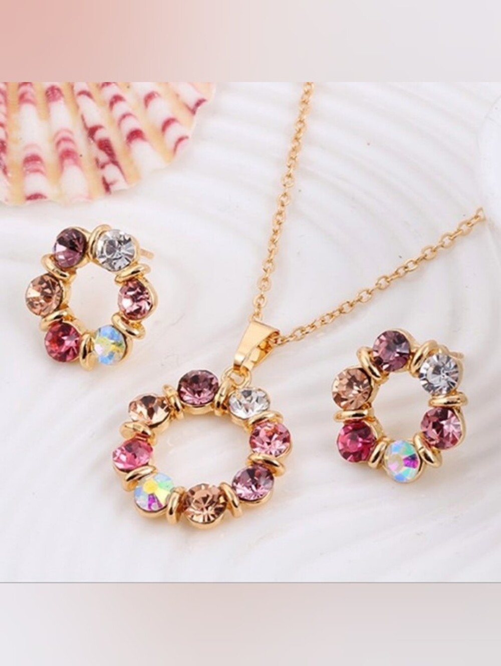 Plunder Gold Pink & Multicolor Crystal Circle Necklace and Earring Set